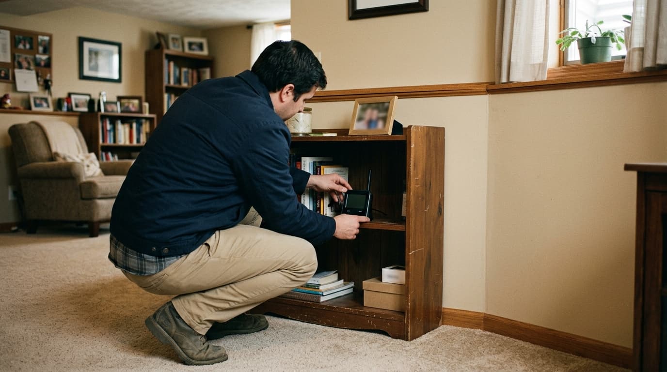 Placing a digital radon test monitor in a Rockford-area basement