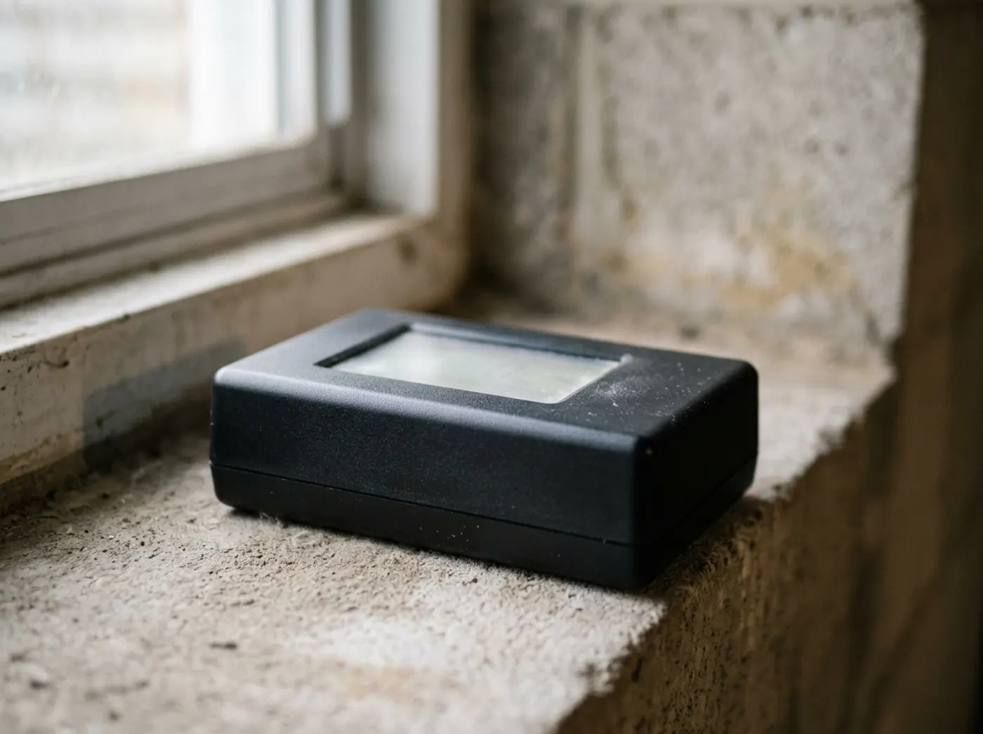A digital radon monitor resting on a basement windowsill
