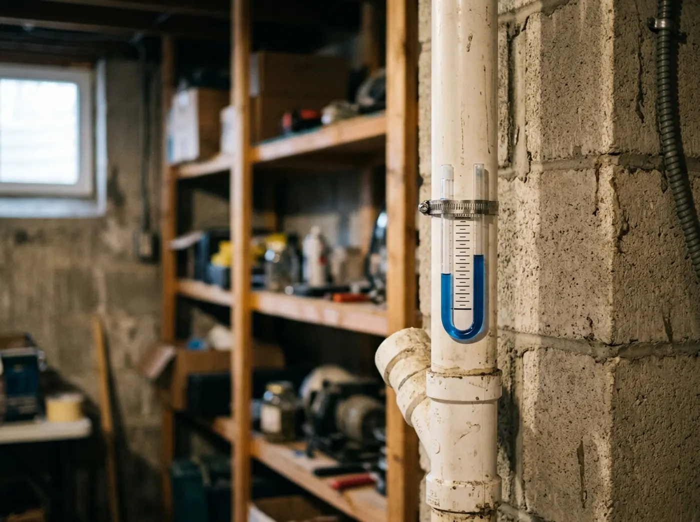 A U-tube manometer mounted on a radon mitigation pipe in a basement