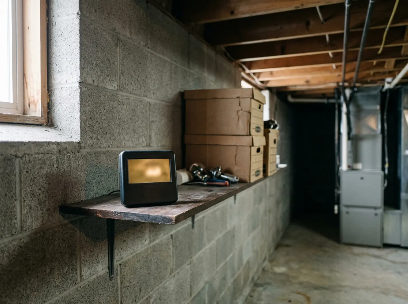 A continuous radon monitor on a wooden shelf in an unfinished basement