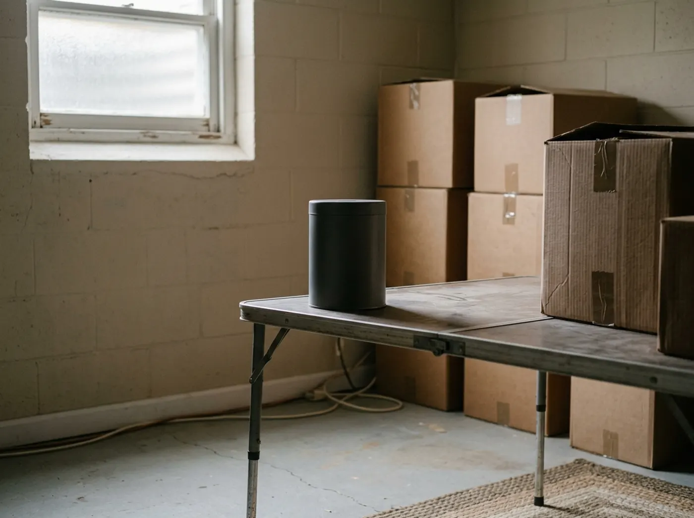 A short-term radon test kit on a table in a basement during a home sale