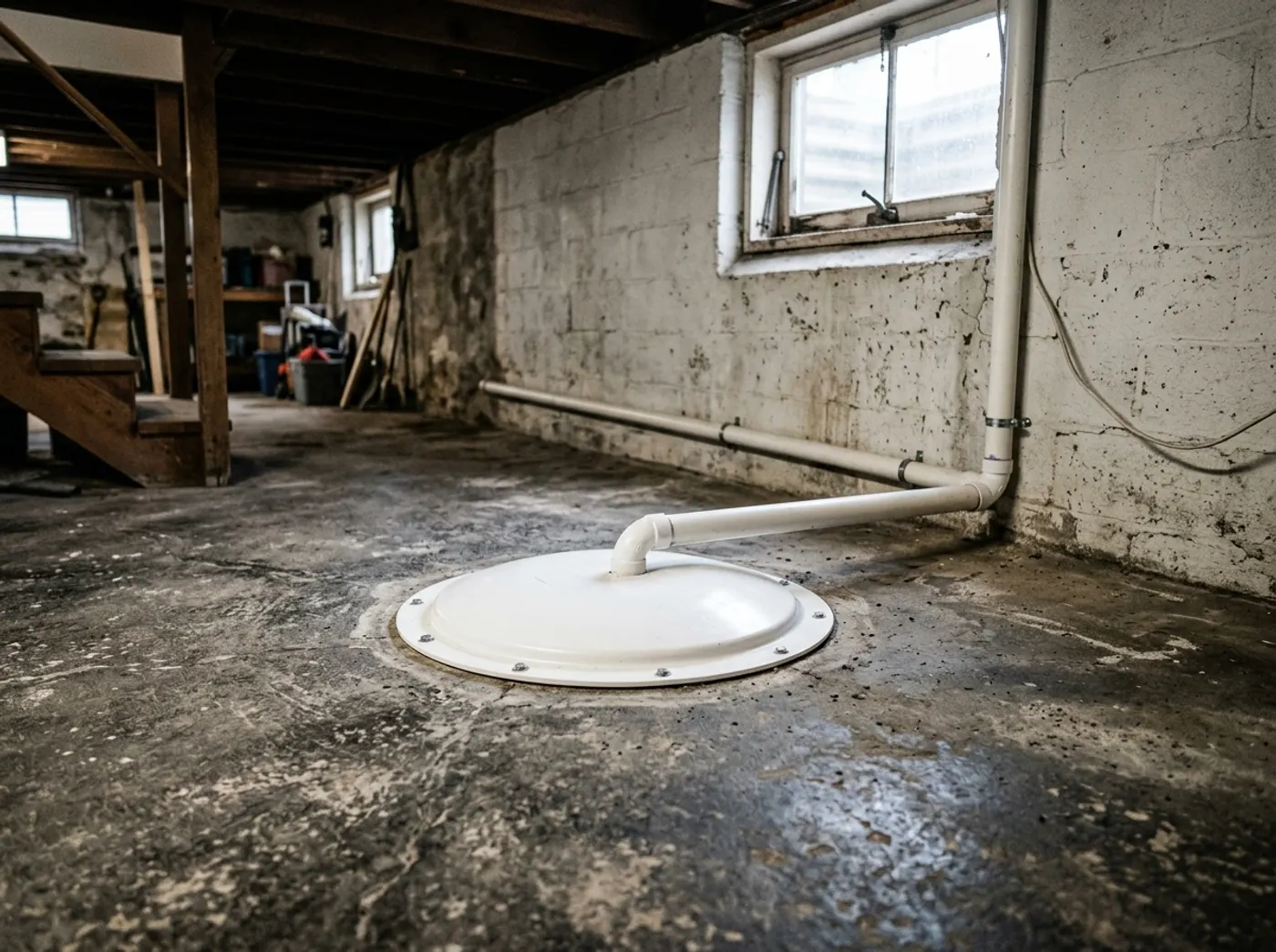 A sealed sump pit lid set into a basement floor